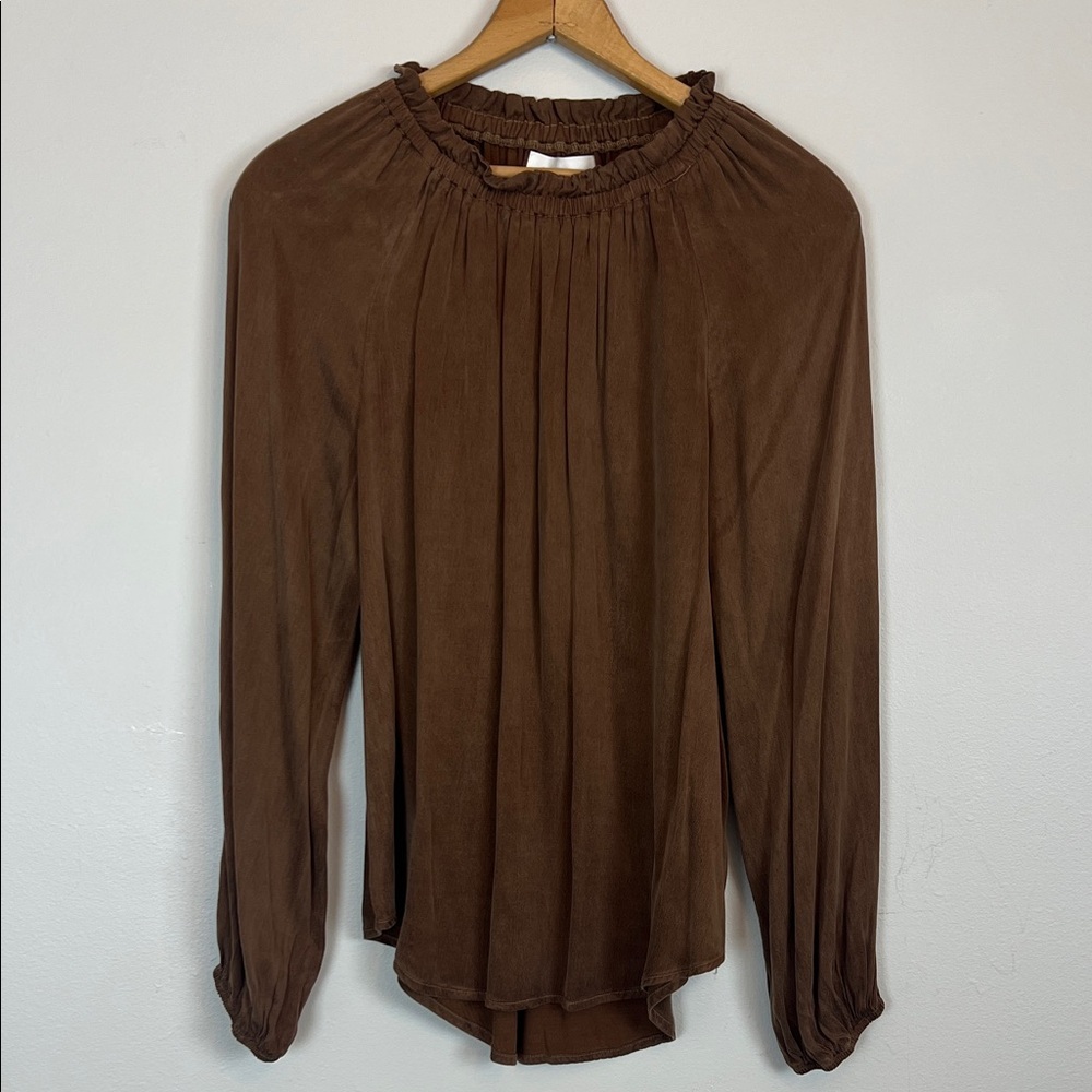 Cloth & Stone luxe shirred neck women’s brown long sleeve top blouse size xs